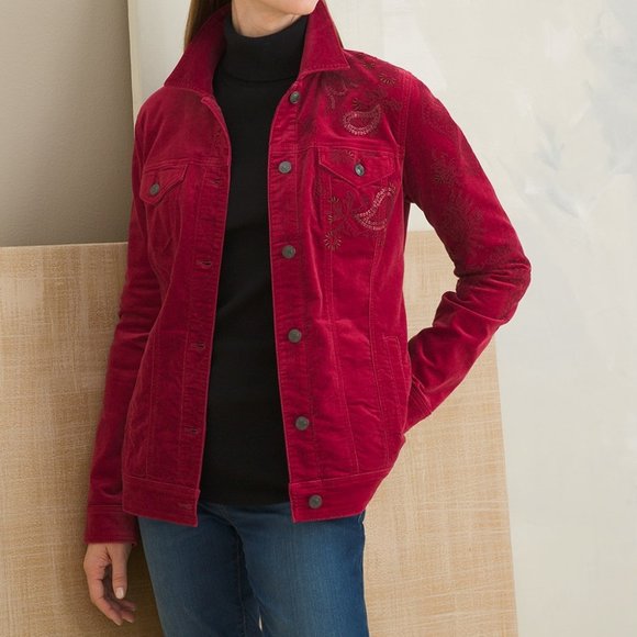 Chico's Red Embellished Velveteen Jacket SZ 3 (16) - Picture 1 of 5